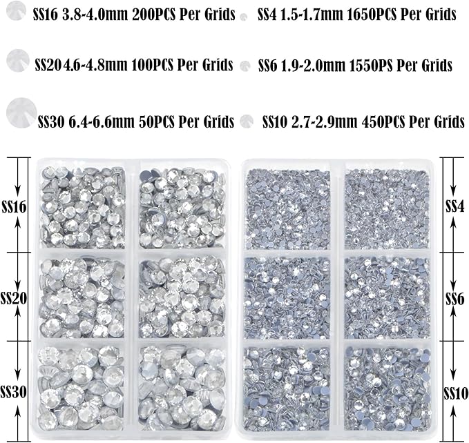 NCB Hotfix Iron on 8000pcs Crystal Rhinestones Round Gem for Crafts Decoration DIY Jewelry Making with a Tweezers and 2 Picking pens (Clear Crystal, 6Sizes SS4-SS30)