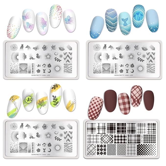 Born Pretty Nail Stamping Plates Set Plaid Flowers Leaves Lace Nail Art Image Plates Spring into Winter Stamp Templates Kit Image Manicuring DIY Printing Tools 8PCS