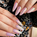 Chrome Press On Nails Almond, Glazed Iridescent Pink Glue on Nails Medium Press Ons, Acrylic Natural Fit Stick on Nails in 12 Sizes - 24Pcs Fake Nail Kit for Women Daily & Party Wear