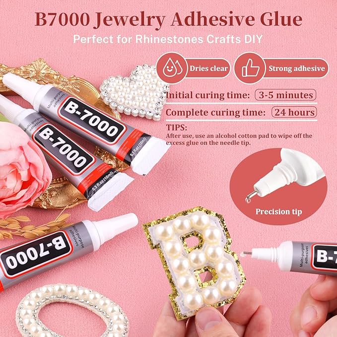 Flatback Pearls for Crafting with 3Pcs 10ml B7000 Jewelry Glue, 1 Box of Half Round Beige Pearls, Bedazzling Beads for DIY Crafts Clothing Tumblers Shoes Embellishment Nail Art