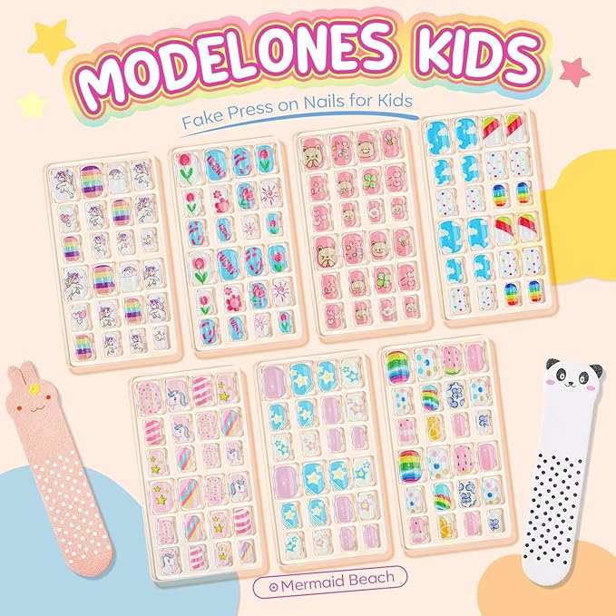 Modelones Press on Nails for Kids 144Pcs 6 Pack Children Acrylic Fake Nails Pre-glue Full Cover Glitter Gradient Color Cloud Heart Short False Nail Art Kits Sets Christmas Gifts for Kids Girls