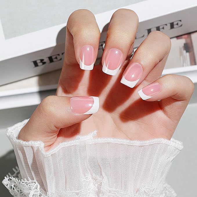 Luxbon Press On Nails Short Square with No-Cure Nail Glue and Tool Kit – French Glue On Nails 25-30pcs Full Size Set, Soft Gel Nail Tips Reusable Fake Nails for Women, Chrome White