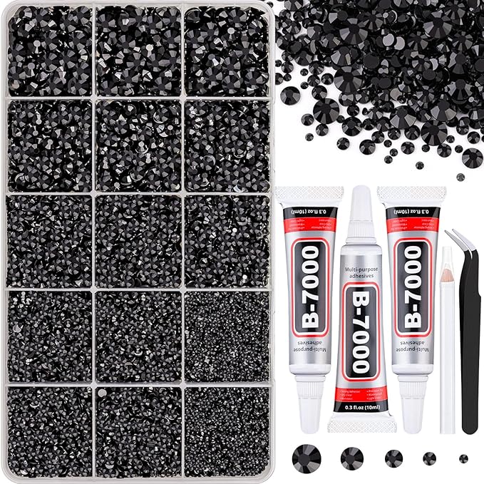 16000Pcs Resin Jelly Rhinestones for Crafting, Black Rhinestones Flatback Gems, Bedazzling Crystal with 3Pcs 10ml B7000 Jewelry Glue for DIY Crafts Clothing Tumblers Shoes Fabric Nail Art