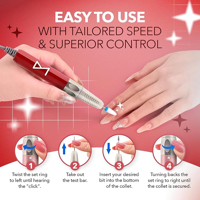 M Max - Nail Drill Professional - 2-in-1 Brushless Motor Nails Drill Machine - Electric, Cordless, Aluminium Alloy Casing, 35000 RPM, HD Display - Perfect for Salon & Home Use (Red)