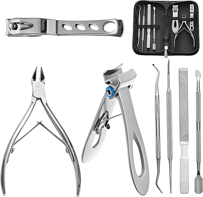 Ingrown Toenail Clippers for Seniors Thick Toenails, 7 Pcs Heavy Duty Large Pedicure Toe Nail Clipper Set with Wide Opening, Includes Nail Cutter, File, Lifter, Cuticle Pusher, Travel Case