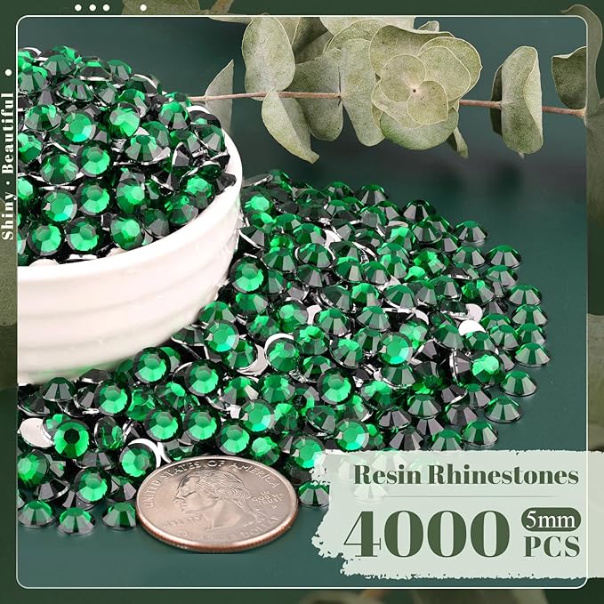 4000PCS 5mm Resin Rhinestones Bulk for Crafting (Dark Green), Flatback Bedazzling Crystals for Crafts DIY Nail Decoration, Gems Charms for Tumbler Shoes Clothing Fabric with Pickup Pen and Tweezers