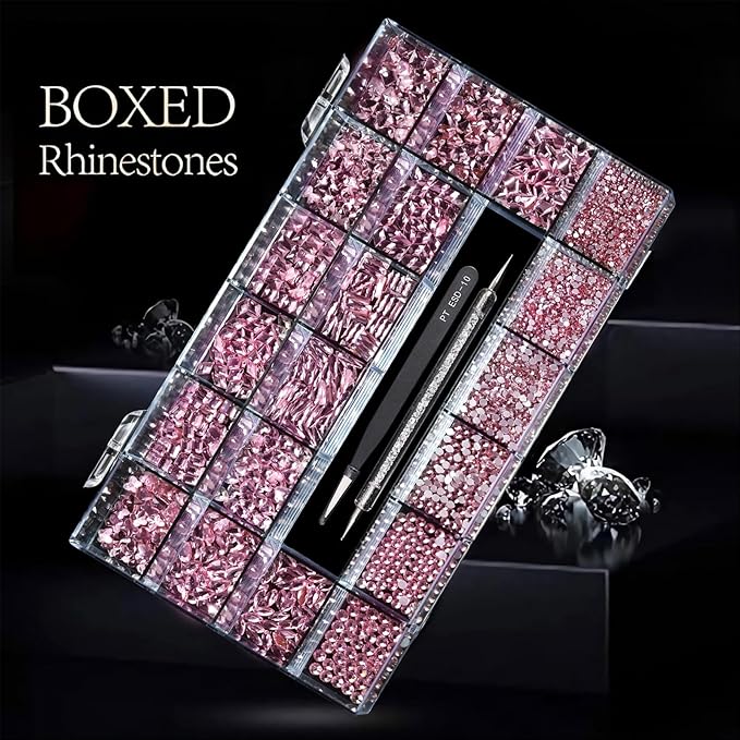 14 Types of 700 Pink Diamonds + 1500 Flat Rhinestones Mix 20 Styles Flatback DIY Crafts Rhinestone Crystals 3D Ornament‌s Flat Back Stones Set + Tweezers + Drill Pen