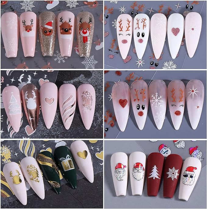 Christmas Holiday Nail Art Stickers 16PCS 3D Santa Claus Deer Decals for Nail Art Seasonal Fingernail Designs White Snowflake Gingerbread Man Self-Adhesive Manicure Decorations Accessories for Women