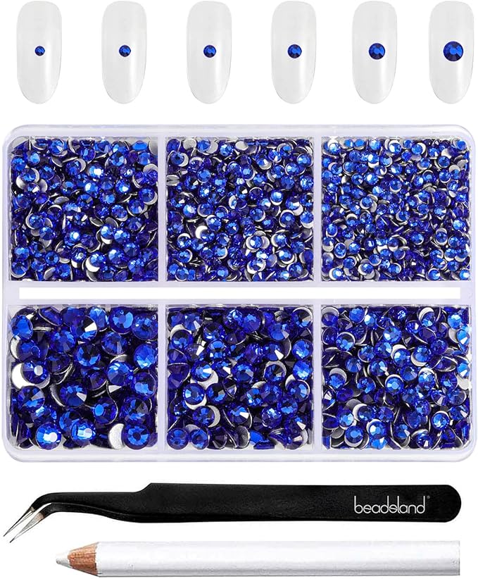 Beadsland 4300pcs Flatback Rhinestones,Royal Blue Rhinestone Nail Gems Round Crystal Rhinestones for Crafts,Mixed 6 Sizes with Picking Tweezers and Wax Pencil Kit, SS6-SS20,Sapphire