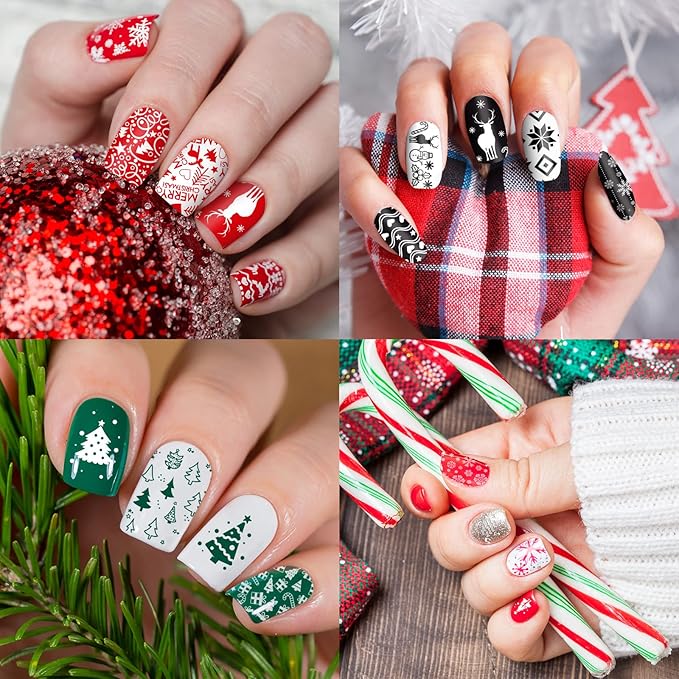Whaline 6 Pieces Christmas Nail Art Stamping Plates Kit Christmas Tree Snowflakes Gingerbread Sweater Image Stamp Templates Holiday Nail Art Plates for Xmas DIY Print Manicure Salon Design Gift