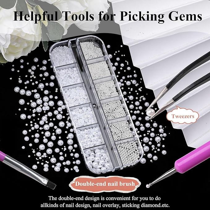 3D Mini Small Caviar Nail Beads Balls, 0.7-2mm Silver Nail Art Beads 1.5-5mm White Nail Pearls Half Round Flatback Pearl Nail Charms with Pickup Tools for Nails Face Eyes Makeup(31-K1-4)