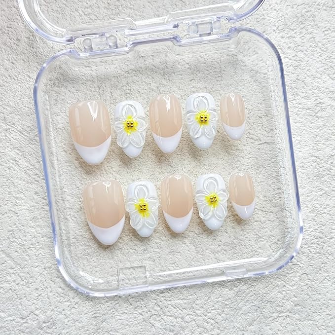 10 Pcs Luxury Handmade Nails with Glue, Almond Press on Nails Short French False Nails with 5D Flower Art Designs Handmade Nail Muti-Layer Gel Thick False Nails for Women(Size S)