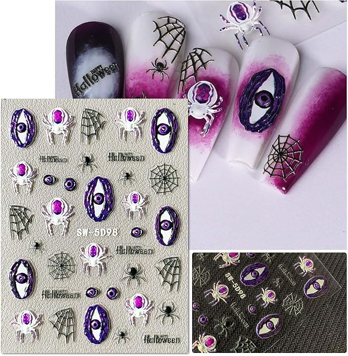 Attractive Designs Halloween Nail Stickers, 5D Embossed Self Adhesive Art Decals,Skull Ghost Spider Webs Pumpkin Bloody Eyes Bat Perfect for DIY Nails Halloween-Themed Party Gift