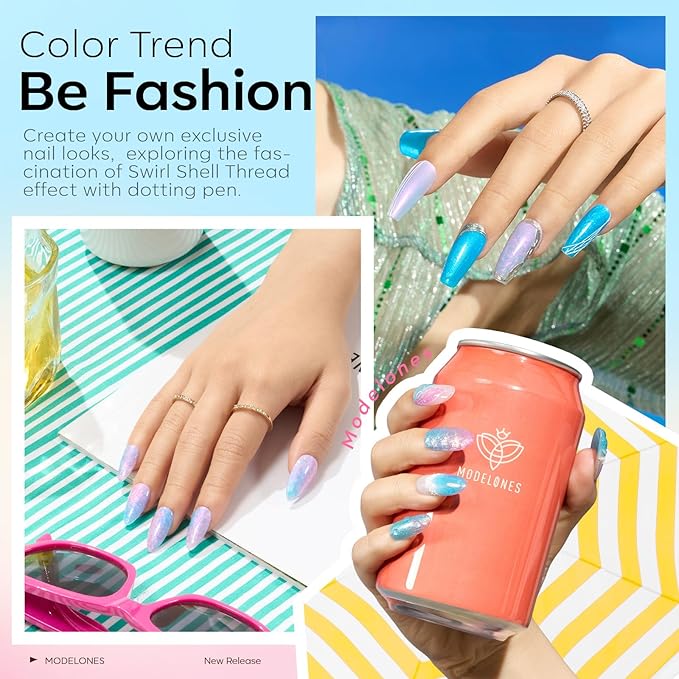 modelones Gel Nail Polish Set 6 Colors Pink Blue Pearl Gel Nail Polish White Pink Blue Shimmer Mermaid Glitter Polish All Seasons Soak Off Nail Drawing Swirl Shell Thread Effect DIY Gift Women Girl