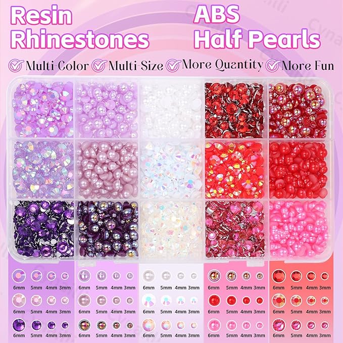15 Grids Pearls and Resin Rhinestones for Crafting, Purple Red White Bedazzling Gems Kit, Jelly Resin Rhinestones for Nails Face Eyes Makeup Crafts Tumblers Bottles