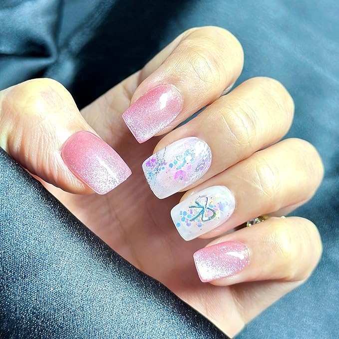 Handmade Press On Nails Short Square Cat Eye in Light Pink with Glitter Floral Details & More. Reusable Nails (15 Sizes, 30 Nails + Glue) | Designed in L.A, Made in Vietnam | Sparkling Romance