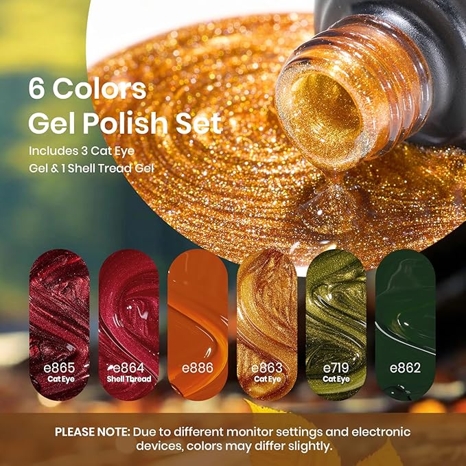 Beetles Cat Eye Gel Nail Polish Set, 6 Colors Red Burgundy Gel Olive Green Cat Eye and Pearl Nail Polish with Magnet Soak Off LED Nail Art Kit DIY Salon at Home Gifts for Women