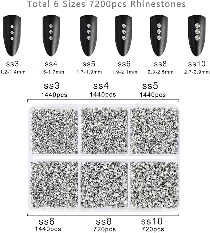 Beadsland 7200pcs Flatback Rhinestones,Silver Rhinestone Nail Gems Round Crystal Rhinestones for Crafts,Mixed 6 Sizes with Wax Pencil Kit, SS3-SS10,Silver Hematite