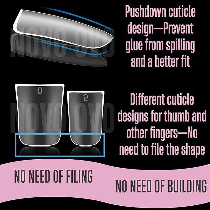 NOVO OVO Upgraded Extra Thick Short Duck Feet Nail Tips Full Cover for Press on Acrylic, Clear Pre-Etched Matter Flare Wide French Soft Gel Fake False Nail Extension Full Coverage x 12 Sizes 360 pcs