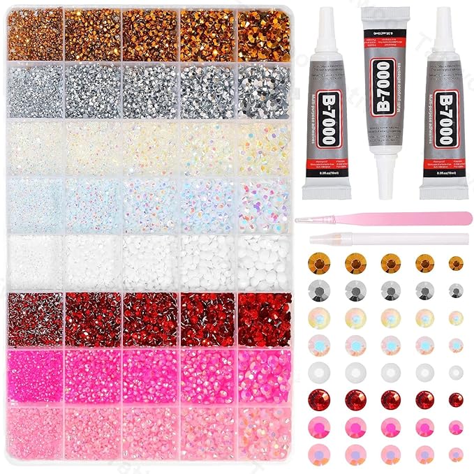 30000Pcs Rhinestones Bedazzling Kit, Pink White Red Sliver Gold Resin Rhinestones for Bedazzling, 2/3/4/5/6mm Flatback Gems for Crafts, Bedazzling Kit for Clothing Shoes DIY Face Makeup Tumblers