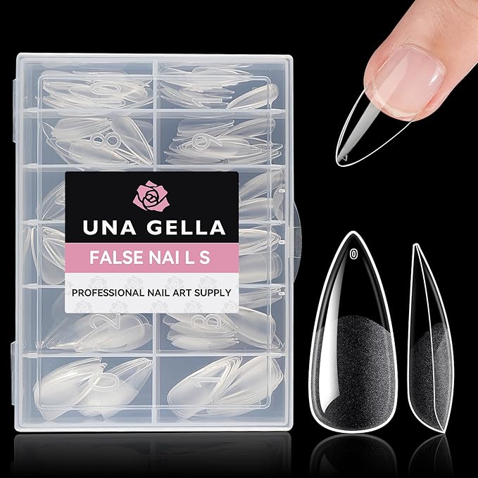 UNA GELLA Medium Stiletto Gel Nail Tips Full Cover 216Pcs Almond Shape Nails Tips Stiletto Pre Etched Soft Gel Nails Clear Fake False Nail Tip for Home Art Salon 12 Sizes
