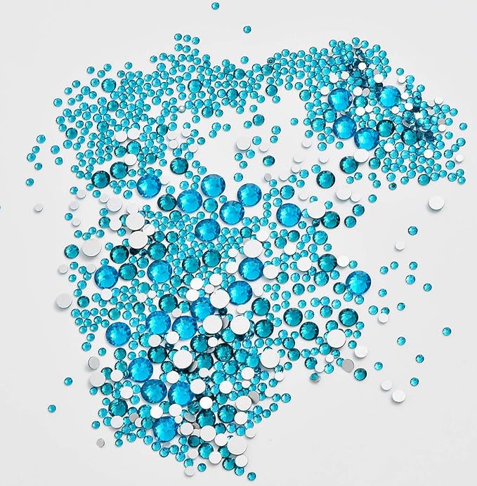 AD Beads 4300 Pieces Flat Back Nail Art Rhinestones Round Beads 6 Sizes (2-6.5mm) with Storage Organizer Box,Rhinestones Picking Pen for Nail Art Phone Decorations Crafts DIY (Blue Zircon)