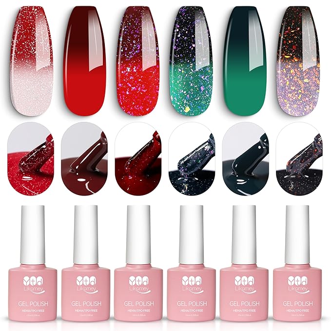 YTD Likomey Color Changing Gel Nail Polish Set,Christmas 6 Colors Shimmer Brocade Glitter Mood Temperature Change Colors Kit,Fall Winter Red Green UV Thermal Varnish,6 Pcs 7.5ml