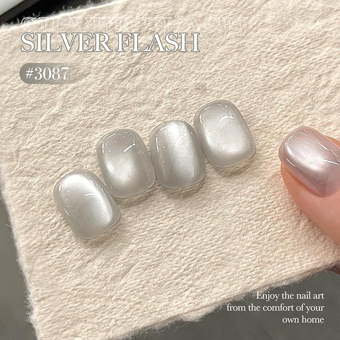GAOY Jelly Silver Cat Eye Gel Nail Polish, 16ml Glitter Holographic Nail Polish with Magnet, Reflective Translucent UV Gel, 3087 Silver Flash