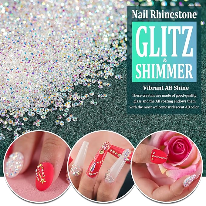 1.2mm and 1.7mm Tiny Nail Rhinestones 20000PCs Ultra Mini Pixie Clear AB Glass Crystals for Nail Art 15000pcs 1.2mm and 5000pcs 1.7mm Super Little Gems Iridescent Micro Dust Glitter Caviar Bead