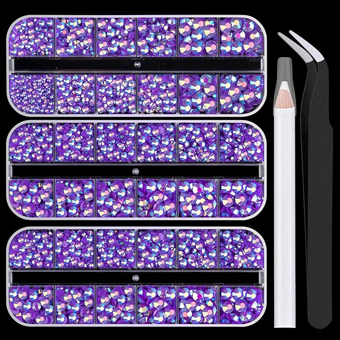 5000PCS Resin Rhinestones with Tweezers for Crafting, 2/3/4/5/6mm Flatback Jelly Rhinestones, 3 Box Dark Purple AB Non Hotfix Crystal Gems for DIY Crafts Mugs Tumblers Clothes Makeup Nail