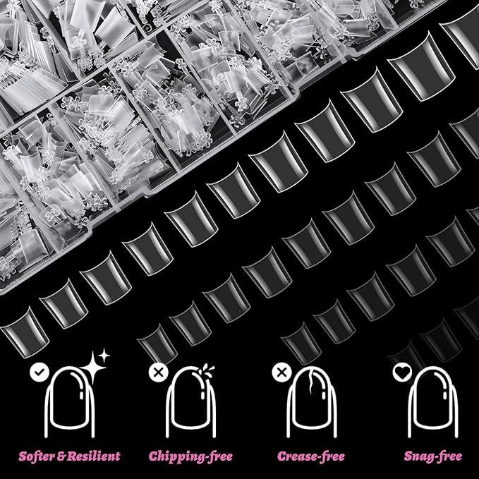 LoveOurHome 600pc French Coffin Nail Tips Clear Fake Nails Medium Coffin Gel Nail Tips Half Cover Acrylic Nails Clear Press Nail 15 Sizes False Fingernail for Gel Nail Tip Extension