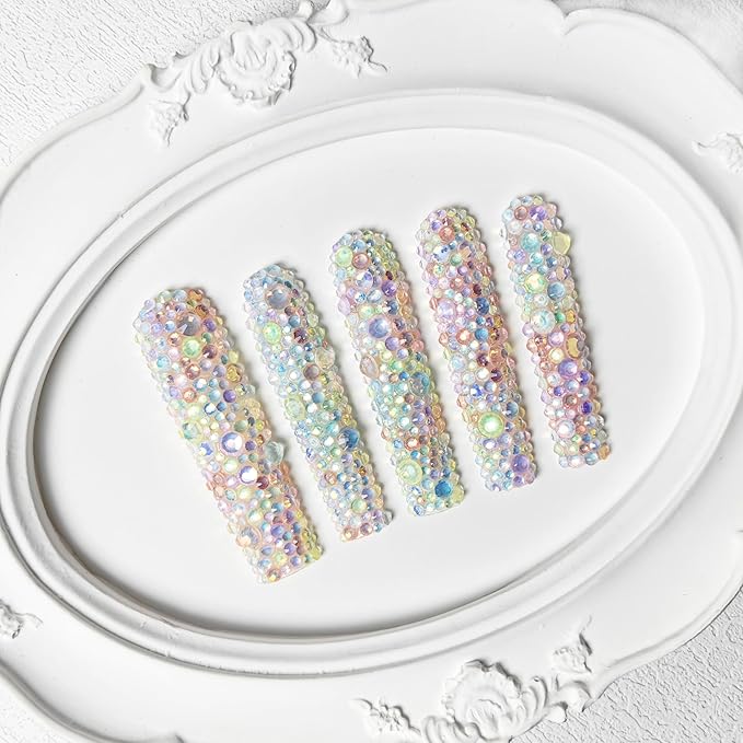 2025 Long Novel Design and Reusable Handmade PMMA Acrylic Press on Nails Full Coverage Candy 3D Crystal Fake Nails With Box Gifts for Women (Bubble World, L)
