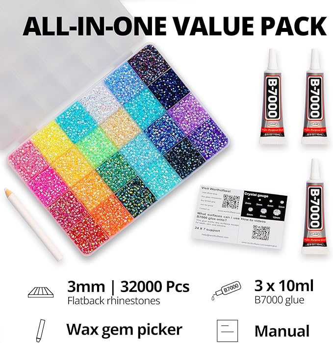 33000Pcs 3mm Rainbow Jelly Rhinestones Gems for Bedazzling Crafting, Colorful Bedazzled Resin Gemstone Flatback Jewel, SS10 Multi Colored Bedazzler Kit with B7000 Glue for Book Clothes Crafts Clothing