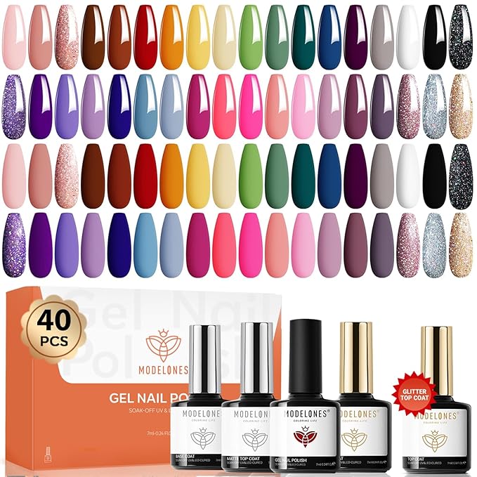 modelones 40 Pcs Gel Nail Polish Set, 36 Colors Easter Red Nude Brown Green Pink White Black Gel Nail Polish Kit Purple Blue Nail Art with Base Coat& Matte Glitter Glossy Top Coat DIY LED Gift