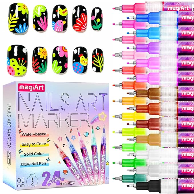 Glow In The Dark Nail Art Pens, 24 Color 0.5 MM Fluorescent Neon Nail Polish Pens Set Drawing Point Painting Liner Painted Pen Kit, Waterproof Nail for DIY Design Manicure Tools