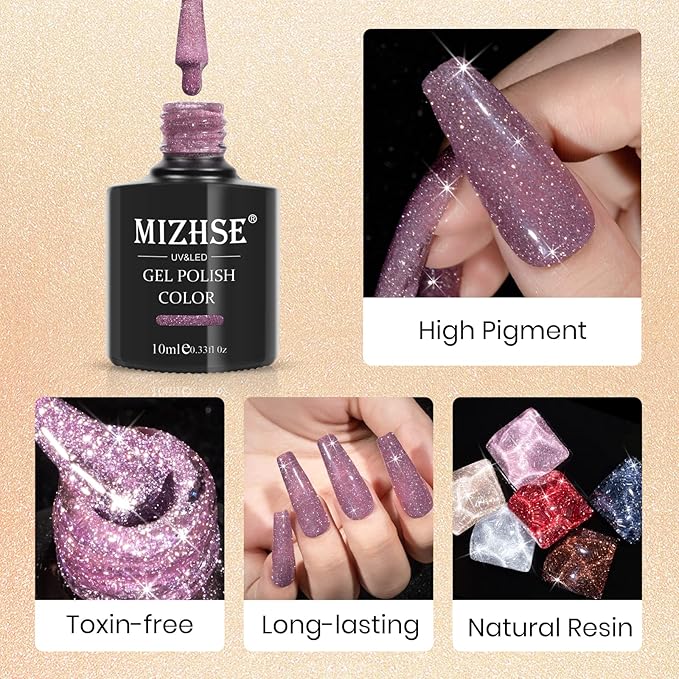 MIZHSE Reflective Glitter Gel Nail Polish, Shimmery Gel Polish Set 10ml Sparkly Shiny Gel Soak Off UV LED Nail Art Varnish Manicure Kit DIY at Home