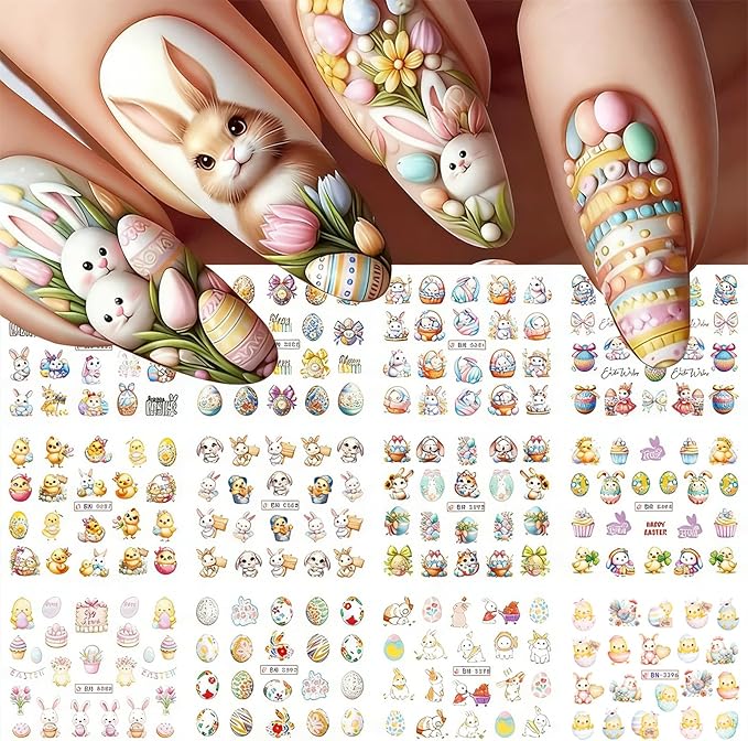 Easter Nail Art Stickers Decals 3D Self-Adhesive Nail Art Accessories Cartoons Bunny Chick Egg Designs Sticker Lovely Easter Rabbit Manicure DIY Nail Decorations 12 Sheets