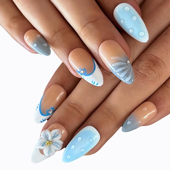 Handmade Press-On Nails for Women - Medium Almond Fake Nails | Luxury Gradient Blue 3D Floral Design | Reusable Salon-Quality Glossy Acrylic False Nails.