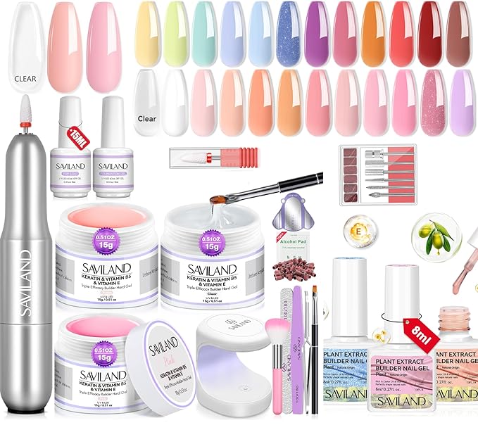 Saviland Builder Nail Gel Set with Nail Drill – 3 Colors Hard Gel(VE&VB5&Kerain) with 24 Colors Castor Oil & Vitamin E Builder Nail Gel Lamp Nail Brush for Nail Extension Shaping DIY at Home Salon