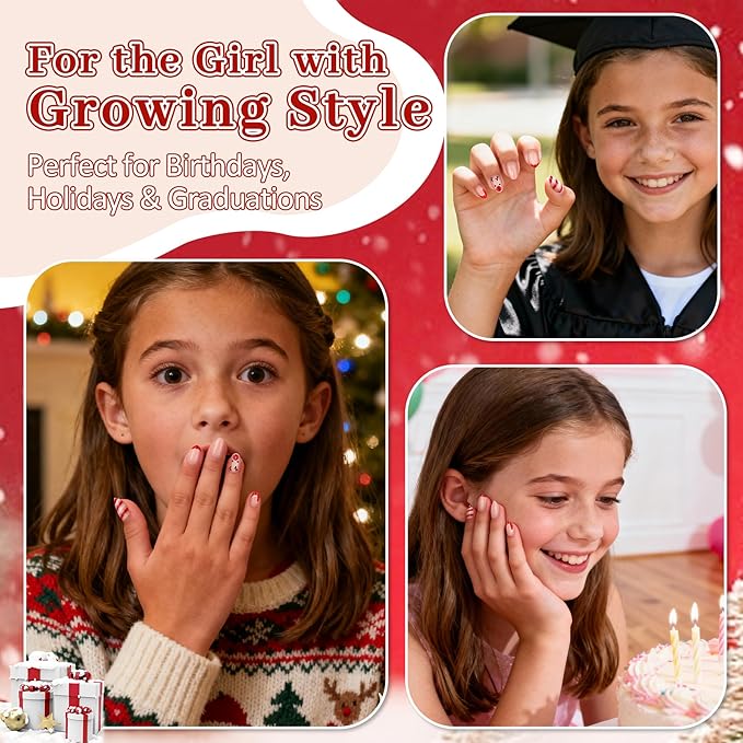 16 Sizes Press on Nails Kit for Kids - 32 Pieces French Almond Fake Nail Tips for Girls 8-12 Years Old with Jelly Nail Adhesives & No-Lamp Nail Glue, Birthday Christmas Easter Gifts Girl Stuff