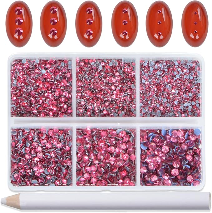Bymitel Hotfix Crystal Rhinestones Round Gems for Crafts,Mixed 6 Sizes with Wax Pencil Kit, Rose1.3-3.2mm(SS3-SS12/8000pcs)