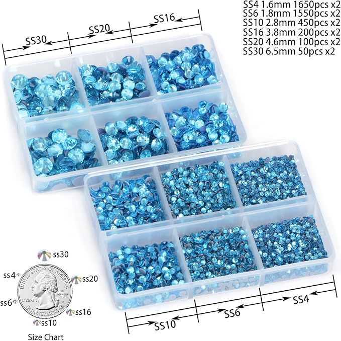 8000pcs Hotfix Rhinestones Flatback,Rhinestones for Crafts Clothes Mixed 6 Sizes, Hotfix Crystals with Wax Pencil Kit, SS4-SS30,Aquamarine