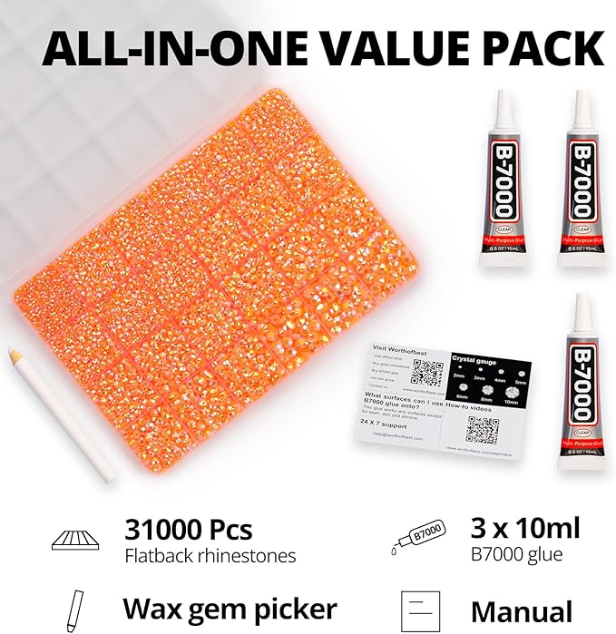 31000Pcs Orange Resin Rhinestones for Bedazzling, Bedazzle Gems Flatback Jelly Orange ab Bedazzled Crystals Jewel Diamond for Crafting Clothes Crafts, Gemstone Stone Rinestone Set 2-6mm and b7000 Glue