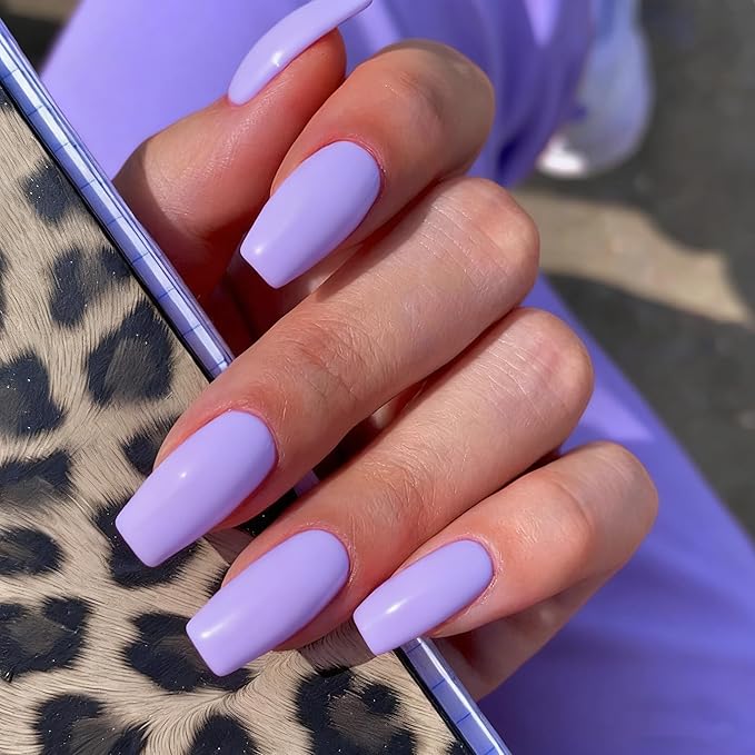 KQueenest Light Purple Press on Nails Long Medium Square, Lilac Fake Nails Medium Coffin, Glossy Sheer Color Acrylic Nails Press ons, Reusable Soft Gel Glue on Nails for Women Daily Wear
