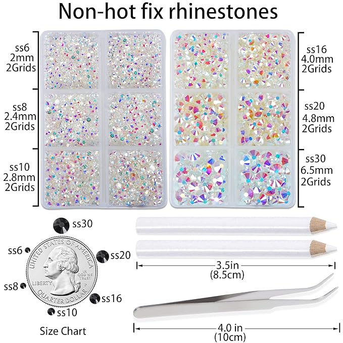 LPBeads 6000 Pieces Paradise Shine Non Hotfix Rhinestones 6 Sizes Round Crystal Glass Flat Back Rhinestones with Tweezers and Picking Pen for Nail Art Crafts Bags DIY