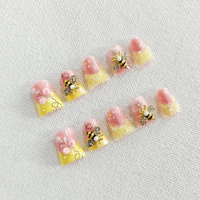 Handmade Press on Nails Duck - Medium Fake Nails Orange Color French Tip False Nails Press ons with 3D Flower and Charms Design Luxury Full Cover Acrylic Stick on Nail for Women 10Pcs(Size M)