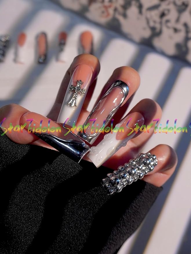 HAND-PAINTED White Press Ons Neon Small Press on Nails Long French Press on Nails Coffin Medium Short Nail art Fake Nail Art Kit with 7g Glue on Nails Handmade Almond Square Nails (TJ-11, Large)