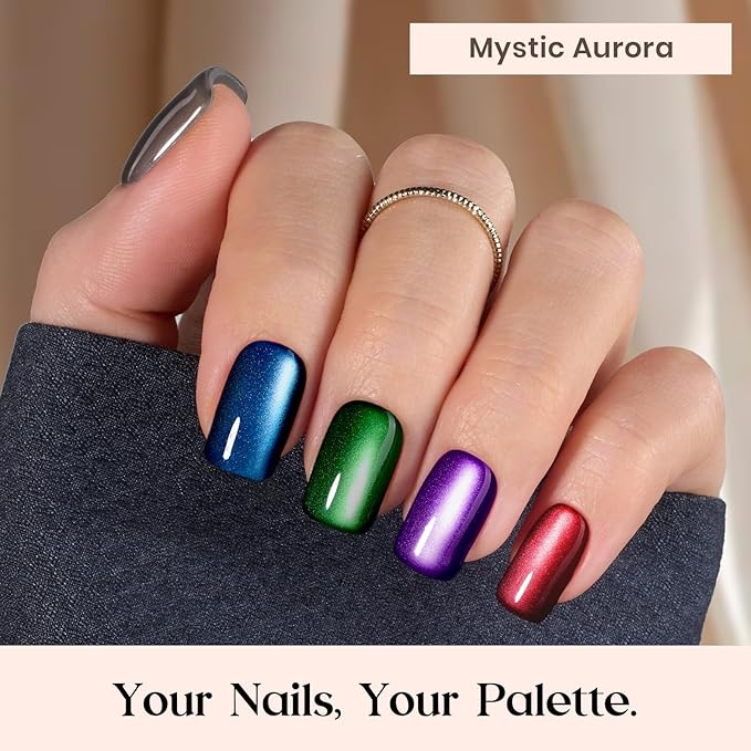 Beetles X Press Cat Eye Nails Kit - Mystic Aurora | 7 Colors Cat Eye Press On Nails Short Square | 224Pcs 16 Sizes All-in-One Kit With Nail Glue,Remover,Builder Top Coat,Nail Lamp Gift