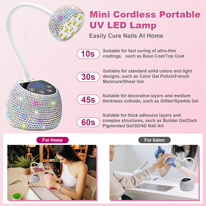 CGBE UV LED Nail Lamp, 36W Mini Cordless Flash Cure Lamp, USB Rechargeable Goosenecks LED Nail Light with 4 Timers & Auto Sensor for Salon Home DIY Use, White Diamond