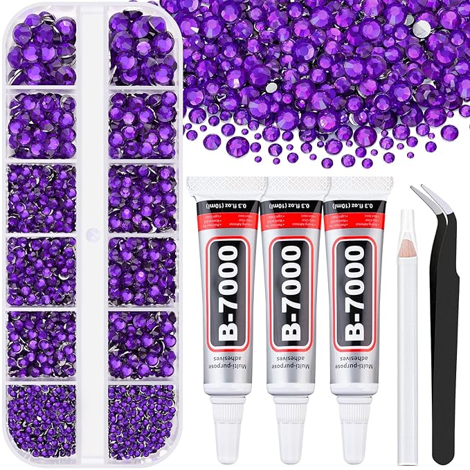 Resin Rhinestones for Crafting with B7000 Jewelry Glue, 1 Box Dark Violet Flatback Crystals with 3Pcs 10ml Glue for Bedazzling Crafts DIY Nail Art Makeup，Non Hotfix Gems for Clothing Shoes